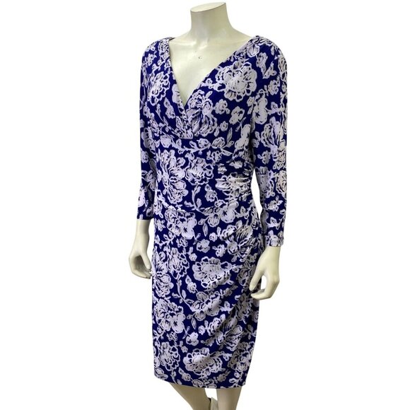 Lauren Ralph Lauren Faux Wrap Floral V-Neck Dress With 3/4 Sleeves 16 - Picture 3 of 8